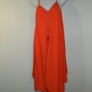 Speed Control New York bright orange asymmetrical hem dress w/ attached necklace